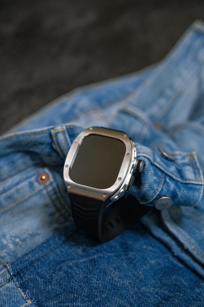 Stalwart - Stainless Steel Case with Black Silicone Strap for Apple Watch